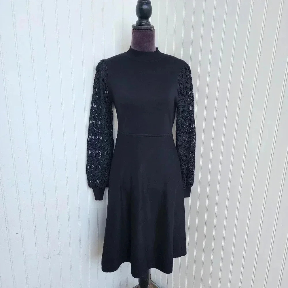 BIRCH NY Black Knit Sweater Dress Long Lace Sleeve Womens A-line Sz Small